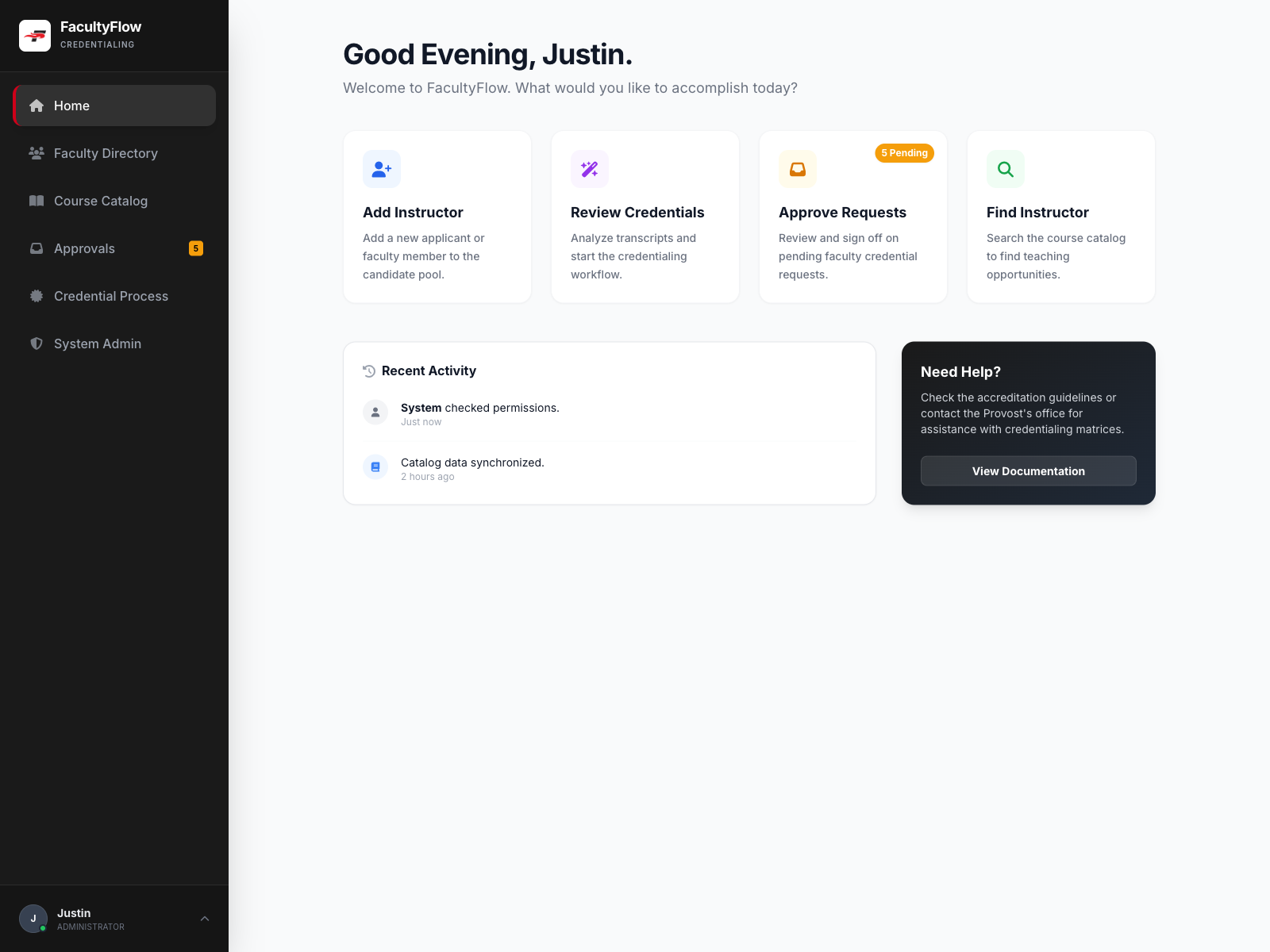 Faculty Flow credentialing dashboard