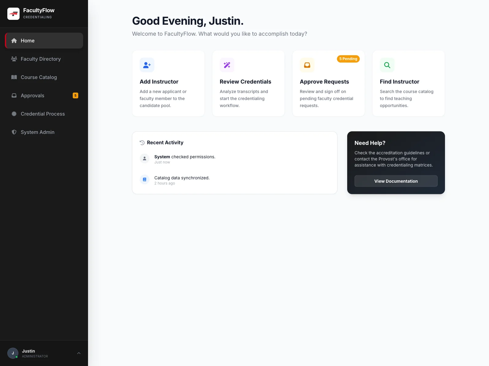Faculty Flow credentialing dashboard